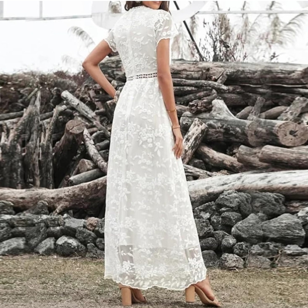 Women’S Summer V-Neck Short Sleeve Lace Hook-Floral Dress Chiffon Fabric Sze L - Picture 2 of 6
